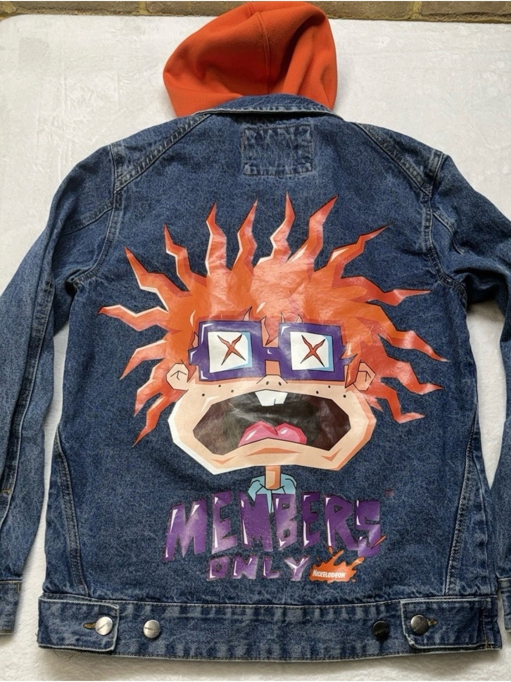 Members Only Uni-Sex SM Denim Jacket Orange Hood & Rugrats Chuckie Back Graphic
